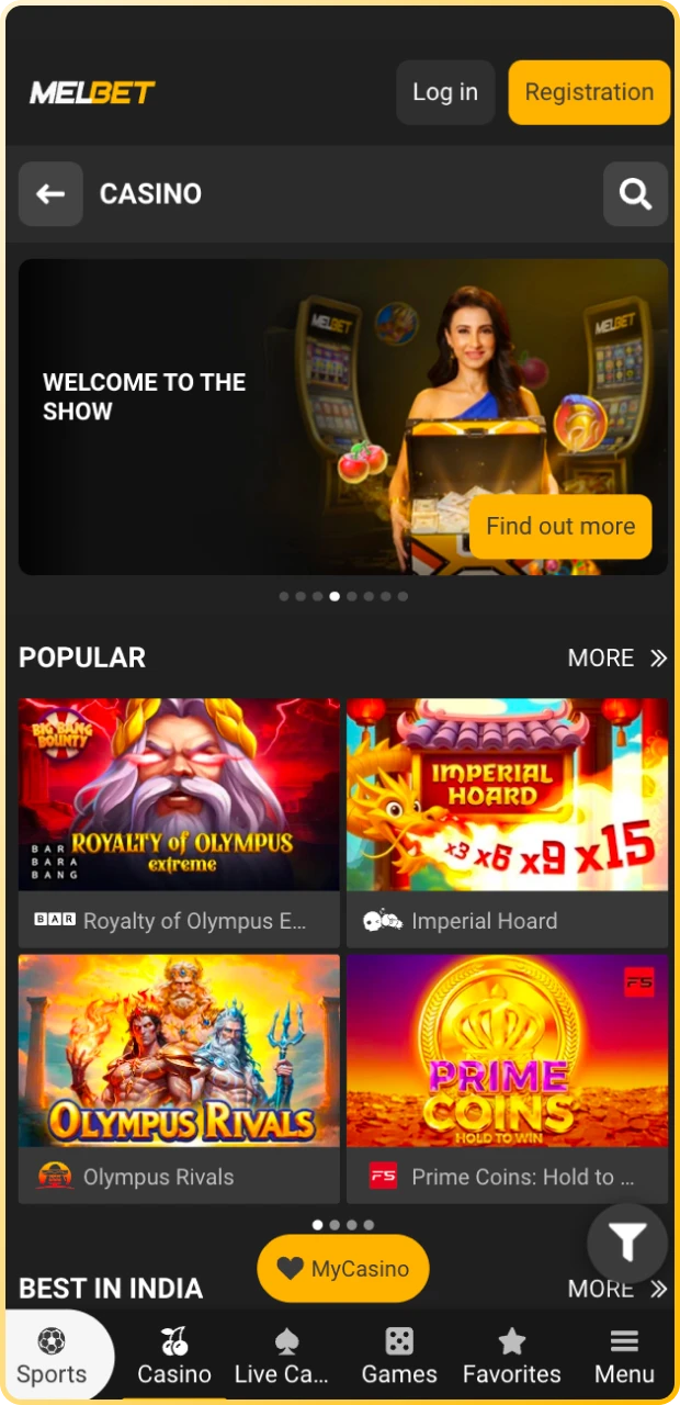 Play top casino games using the Melbet App.