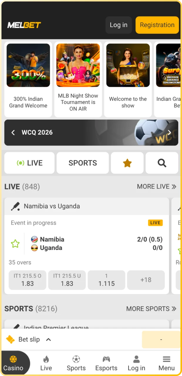 Explore the Melbet App interface on the main page.