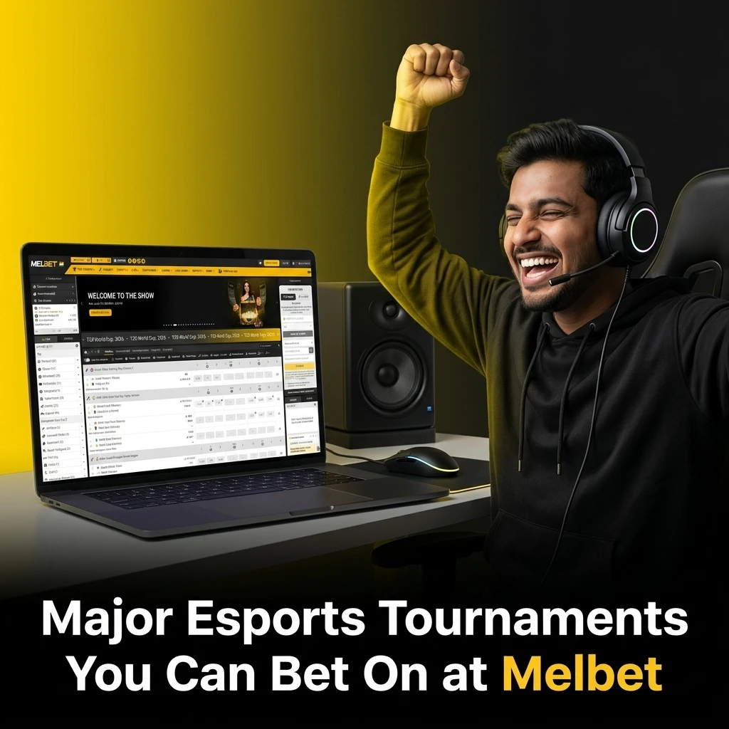 Major esports tournaments available for betting at Melbet including CS2, Dota 2, Valorant, LoL and FIFA events
