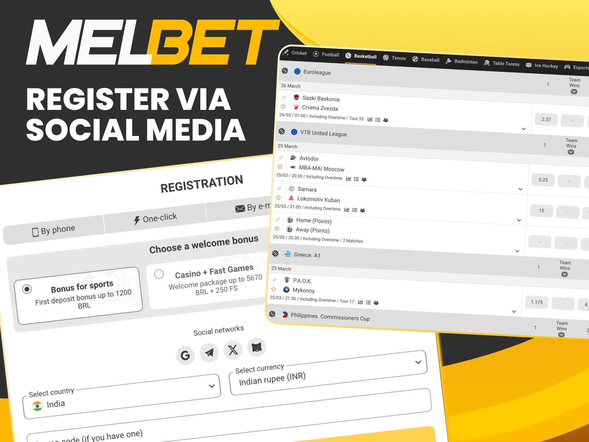 Link your social media account during the Melbet Registration.